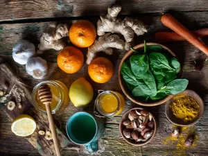 Alimentos naturais que fortalecem a imunidade, como alho, gengibre, frutas cítricas, iogurte e cúrcuma.